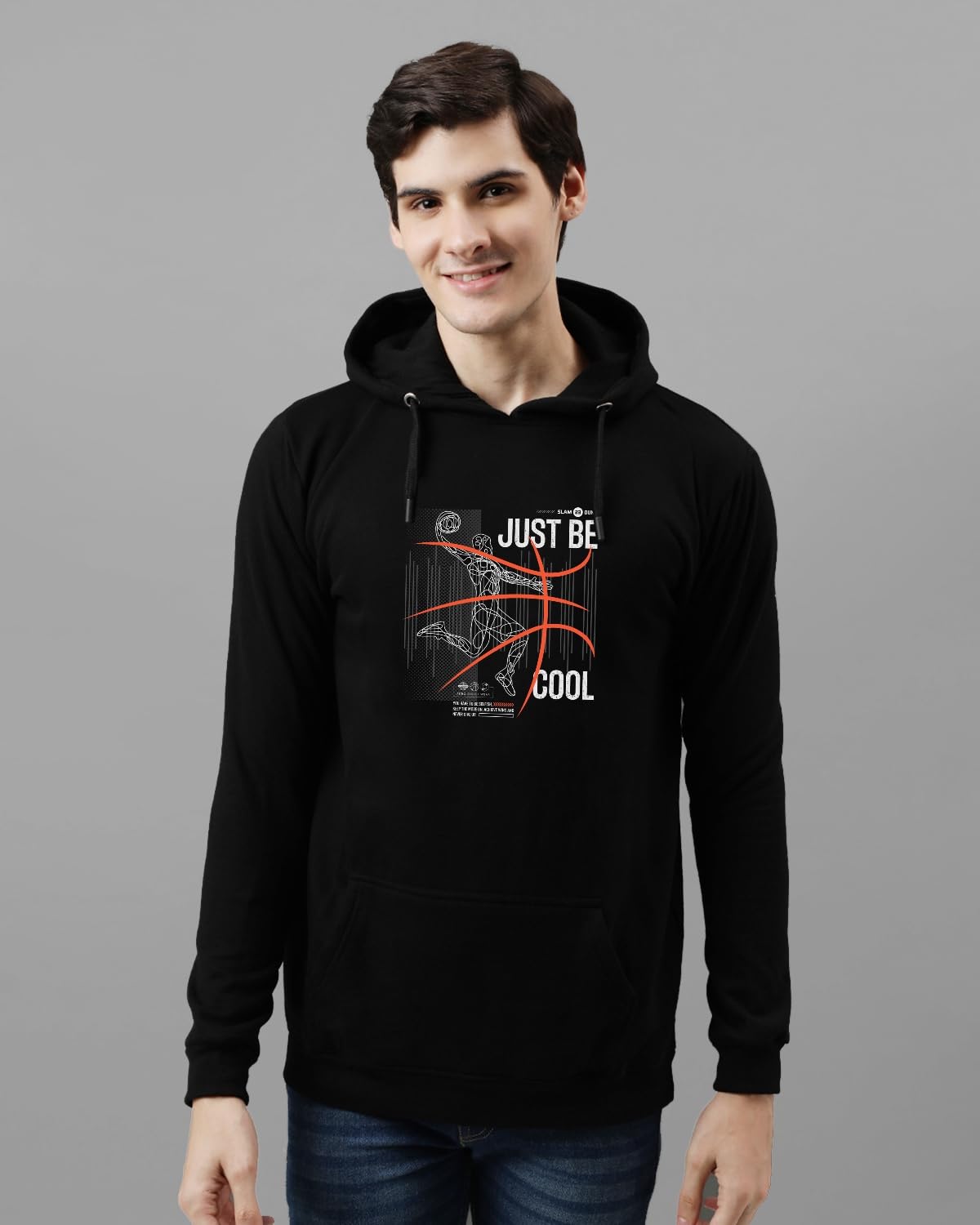 ADRO Men's Cotton Blend Neck Hooded Sweatshirt (H24-BCL-BL_Black