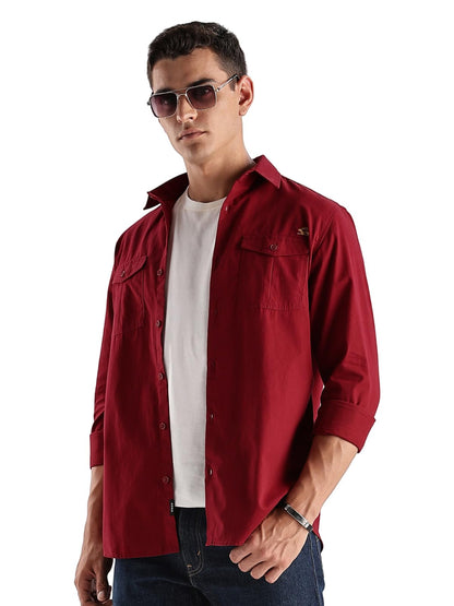 ADRO Cargo Shirts for Men | Double Pocket Mens Casual Shirt | 100% Cotton Plain Shirts | Full Sleeve Shirt | Summer - Regular Fi