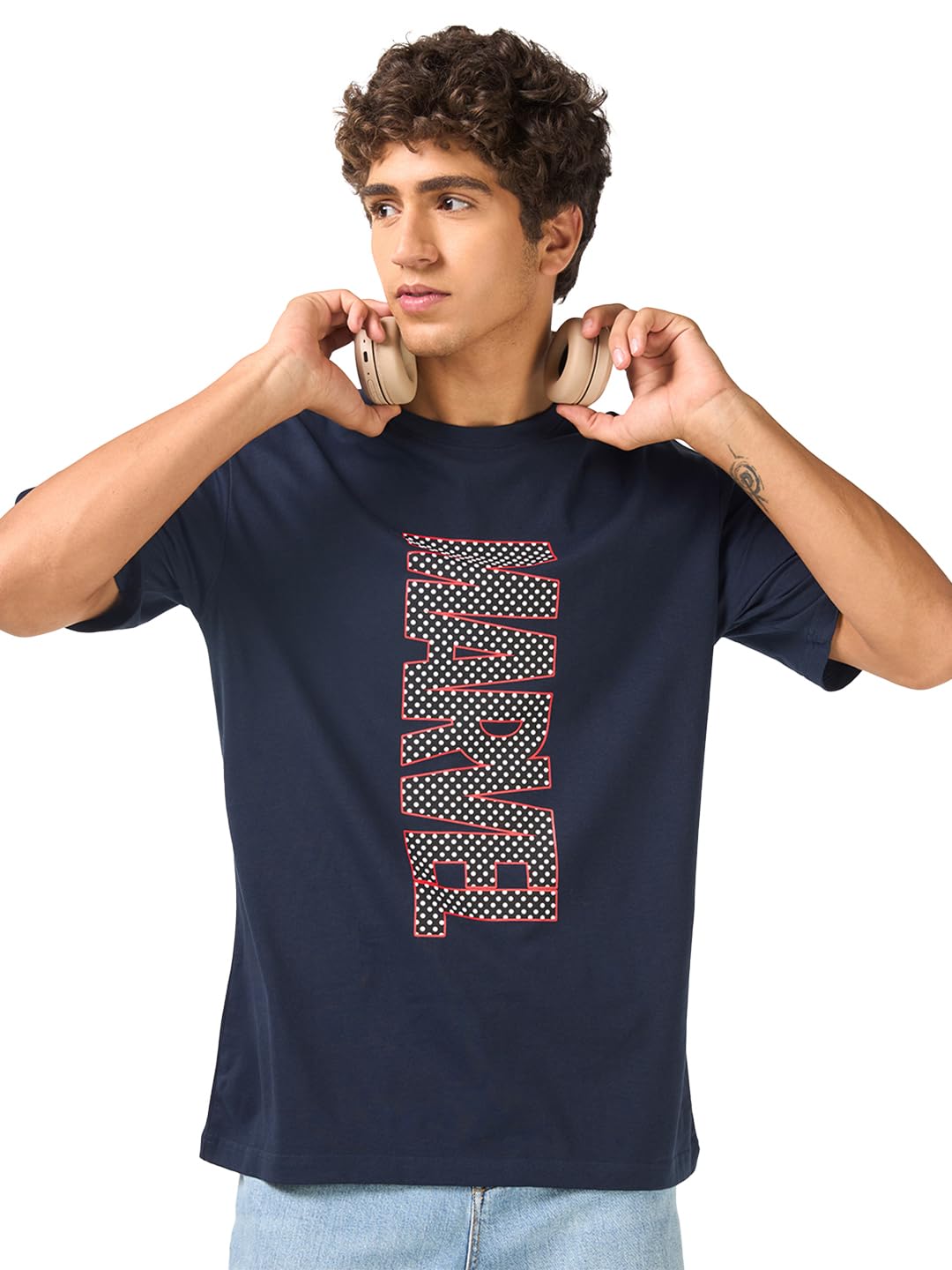 Bewakoof Official Marvel Merchandise Men Graphic Print Oversized Fit Half Sleeve Round Neck Pure Cotton T-Shirt_689739_Blue_M