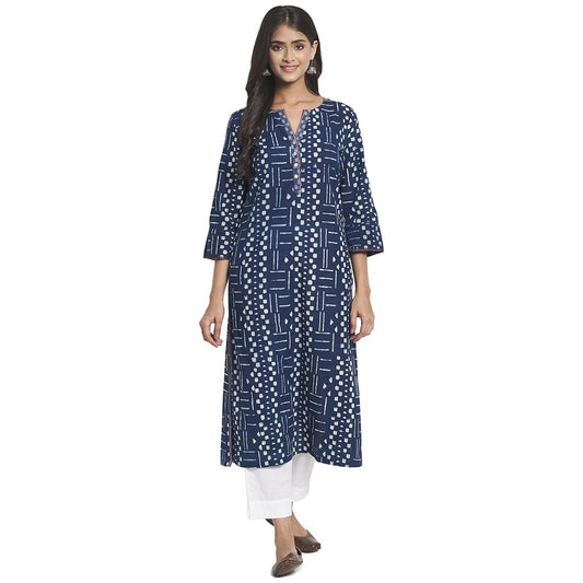 Fabindia Women Cotton Printed Long Kurta Indigo