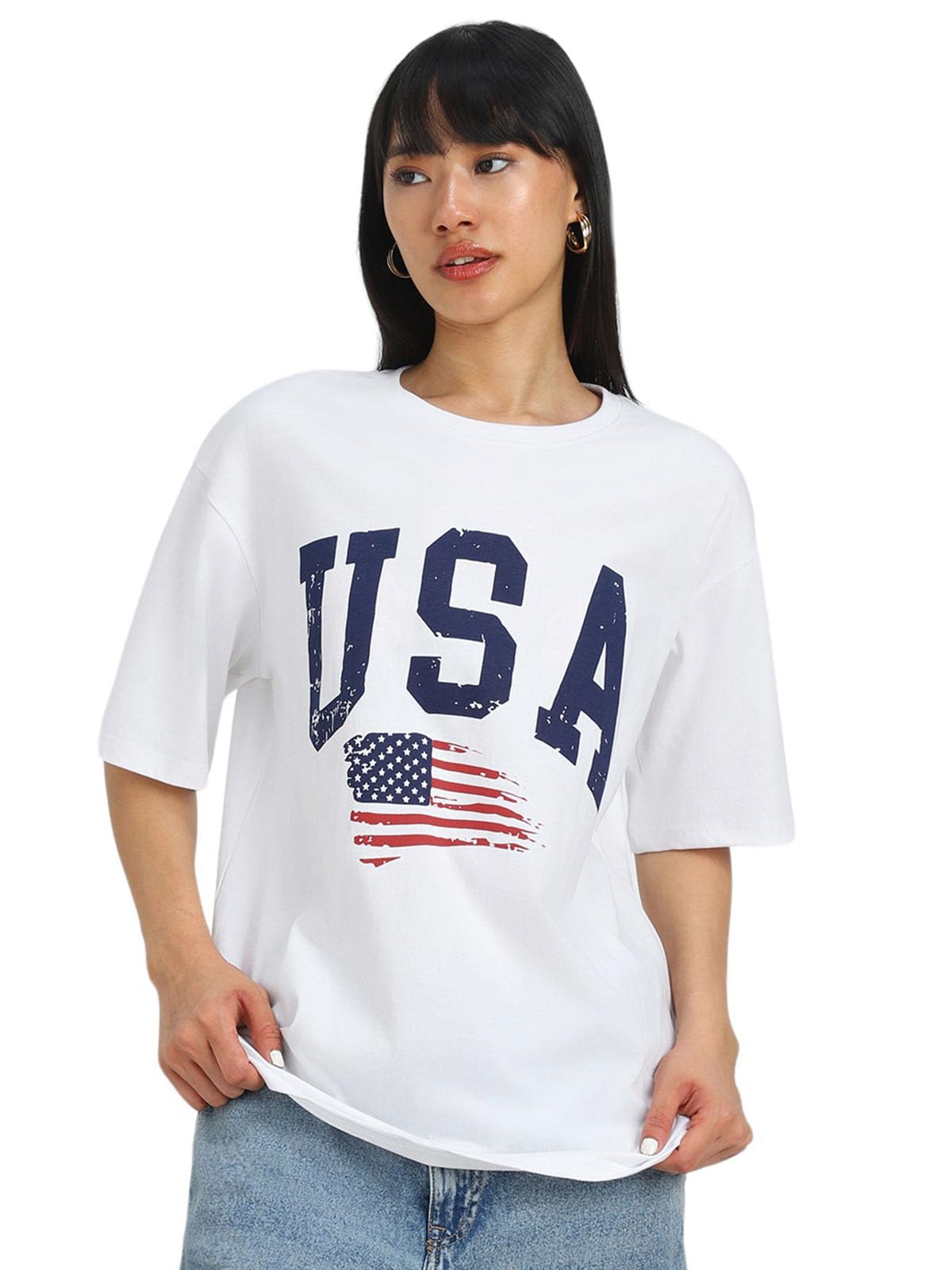Juneberry WomenS Casual Pure Cotton White Printed Round Neck, Longline Drop Shoulder Loose Oversized T-Shirt |Oversized Tshirt