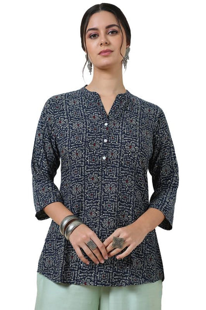 Soch Womens Navy Blue Foil Print Rayon Slub Tunic