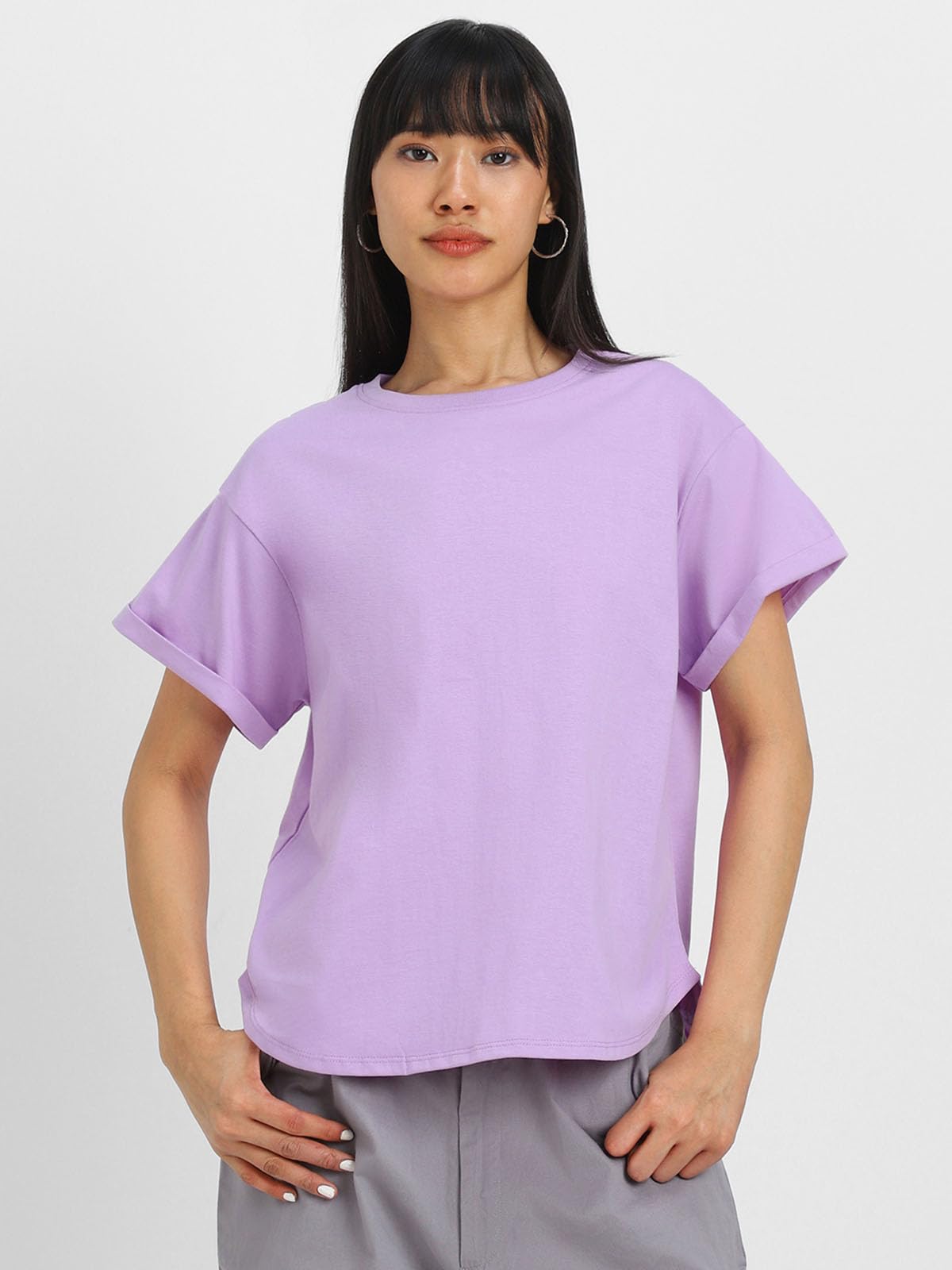 Juneberry Pure 100% Cotton Oversized Loose Baggy Fit Round Neck With Drop Shoulder Black & Lilac Half Sleeves Boyfriend T-Shirt