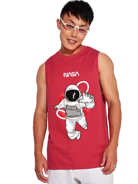 Bewakoof Official Nasa Merchandise MenS Graphic Print Boxy Fit Sleeveless Round Neck Cotton Vest_684012_Red_M