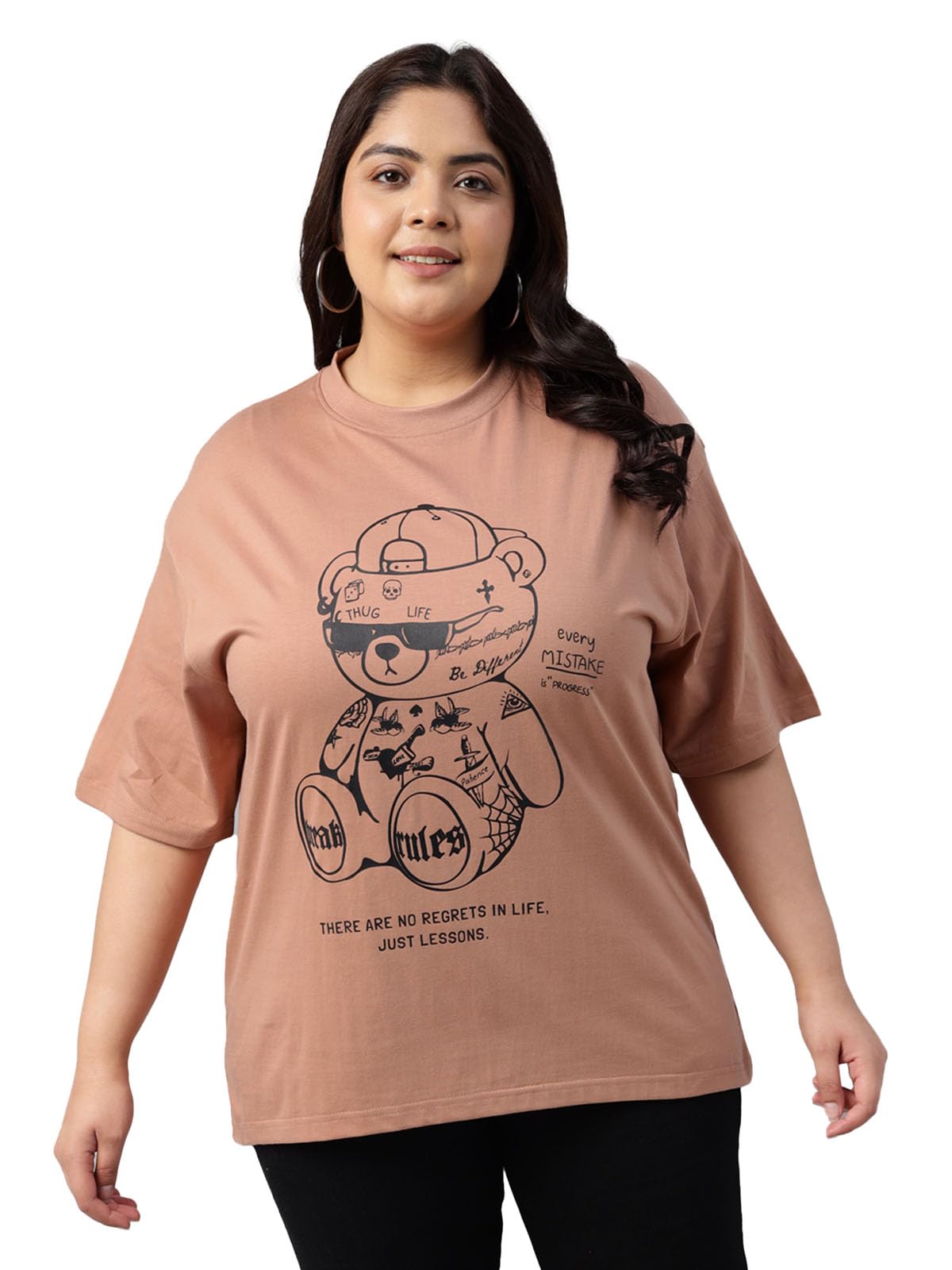 Juneberry 100% Pure Cotton Oversized Baggy Fit Cool Front Chest Graphic Printed Half Sleeve Plus Size T-Shirt For Women & Girls