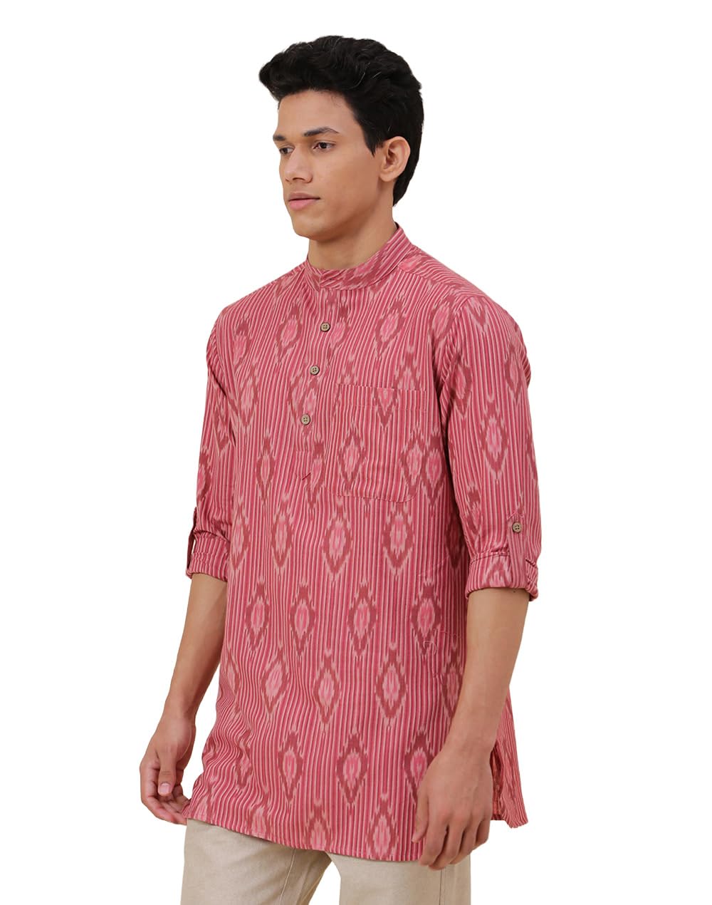 Fabindia Men's Pink Cotton Woven Slim Fit Short Kurta