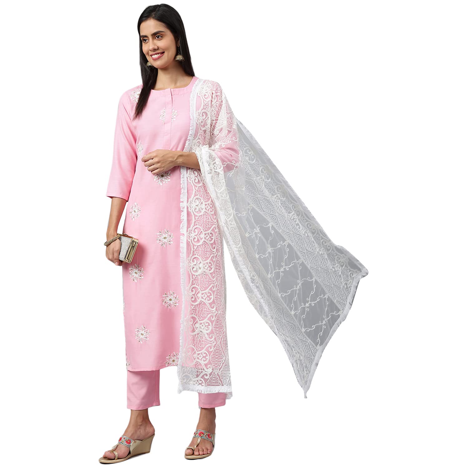 ANNI DESIGNER Women's Cotton Blend Embroidered Regular Kurta with Pant & Dupatta