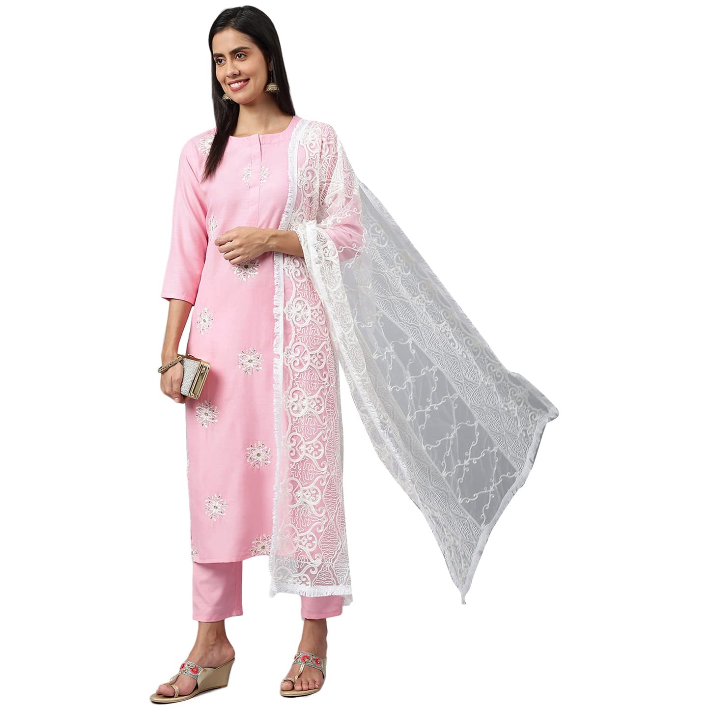 ANNI DESIGNER Womens Cotton Blend Embroidered Straight Kurta with Pant & Dupatta (White Show STY Light Pink_M_Light Pink_Medium