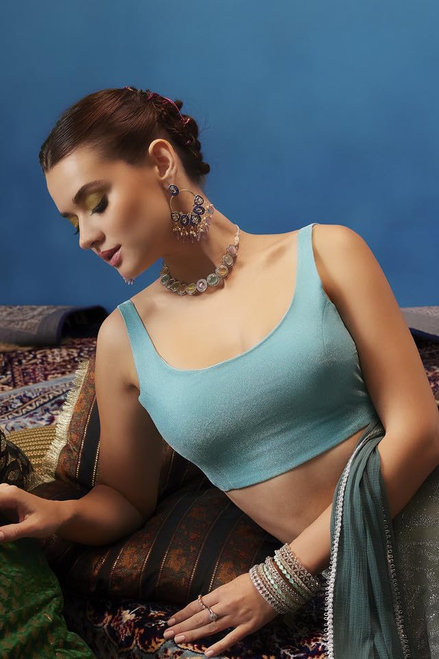 Soch Womens Turquoise Blue Shimmery Scoop-Neck Back-Open Sleeveless Blouse