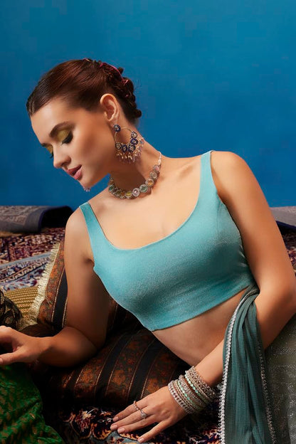 Soch Womens Turquoise Blue Shimmery Scoop-Neck Back-Open Sleeveless Blouse