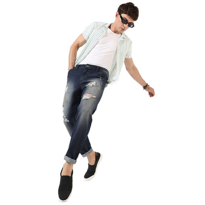 Campus Sutra Mens Classic Dark Blue Dark-Washed Distressed Patterned Denim Jeans | Regular Fit | Premium Stretchable Cotton Mid