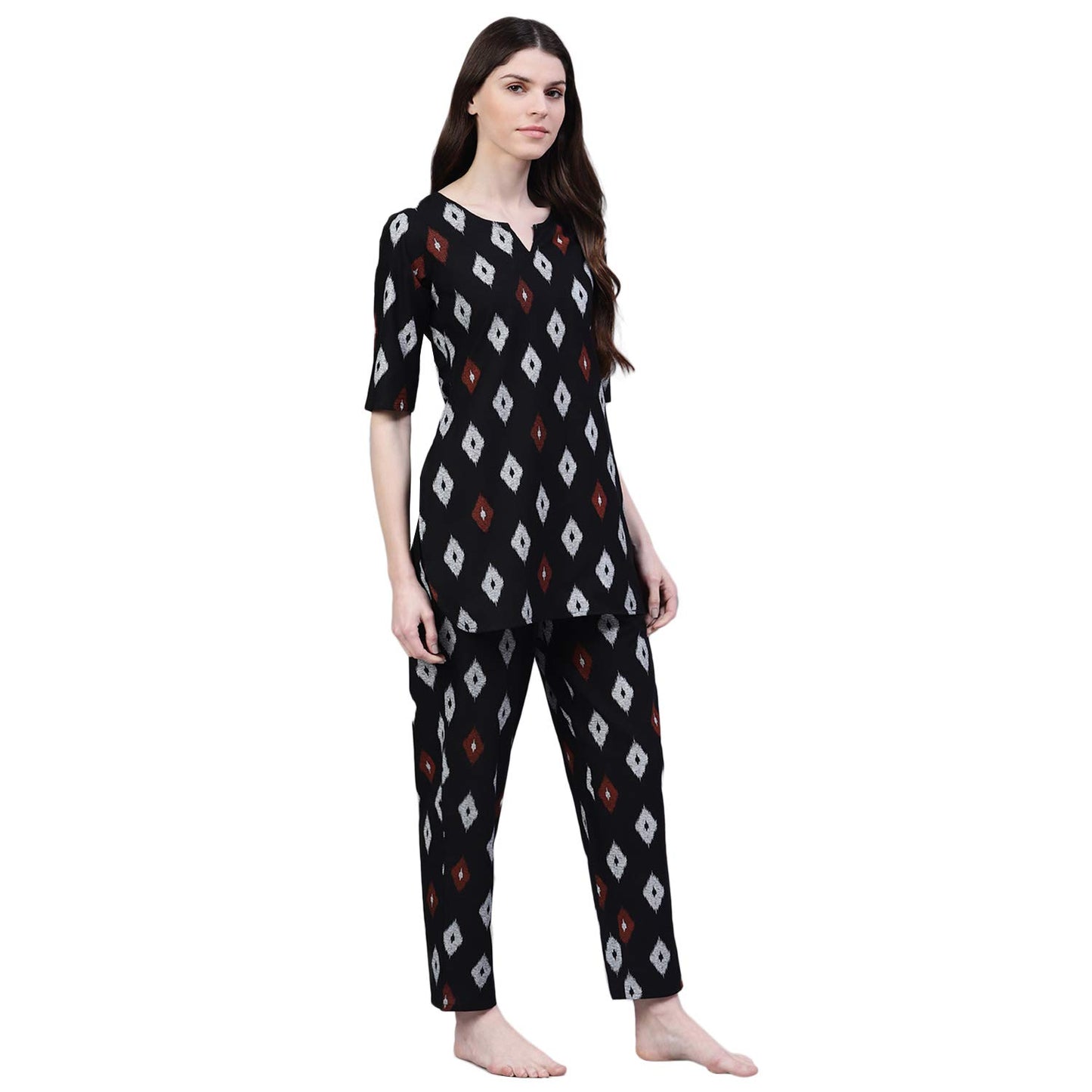 Stylum Womens Cotton Block Print Night Suit Set Black