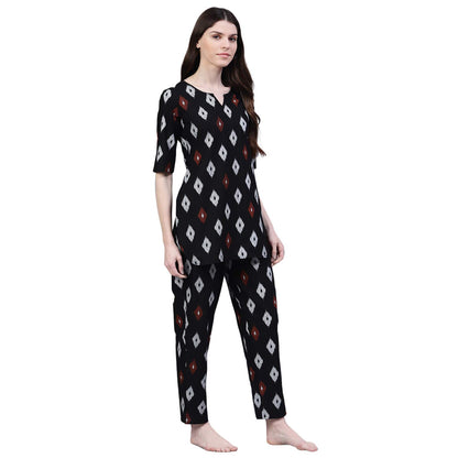 Stylum Womens Cotton Block Print Night Suit Set Black
