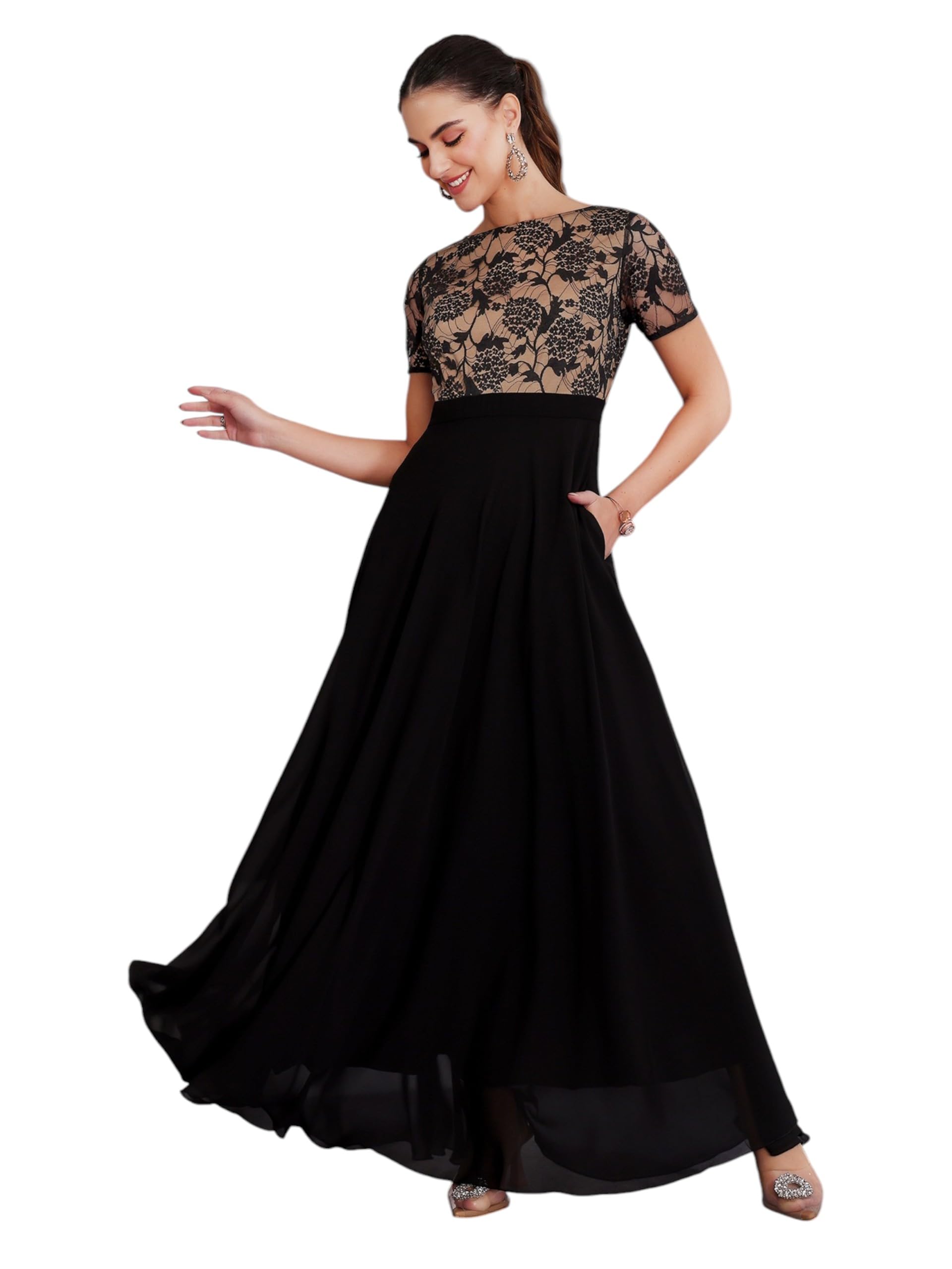 Miss Chase Womens Round Neck Half Sleeve Fit & Flare Maxi Dress (MCSS22D06-47-62-07, Black, 2XL)