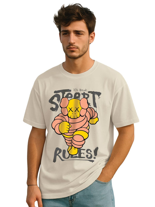 Veirdo Mens Cotton Round Neck Oversized Baggy Fit Drop Shoulder Front Street Rules Graphic Printed Short Sleeve T-Shir