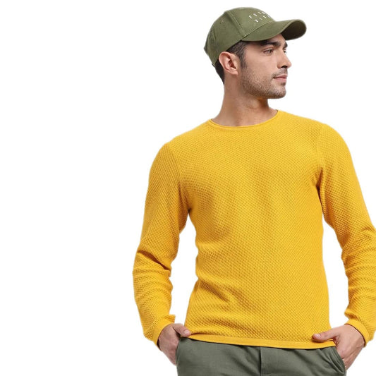 Bewakoof Mens Self-Design Yellow Round Neck Full Sleeve Sweater