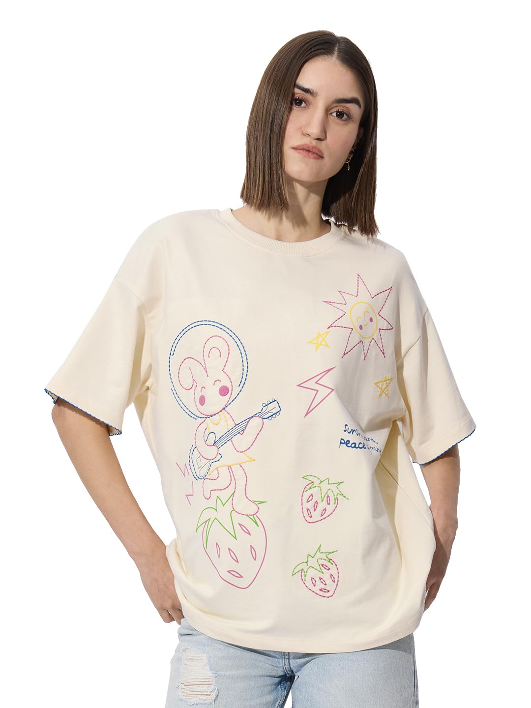 The Souled Store Embroidered T-Shirt: Sunshine Women and Girls Short Sleeve Round Neck Graphic Printed Cotton Oversized T-Shirts
