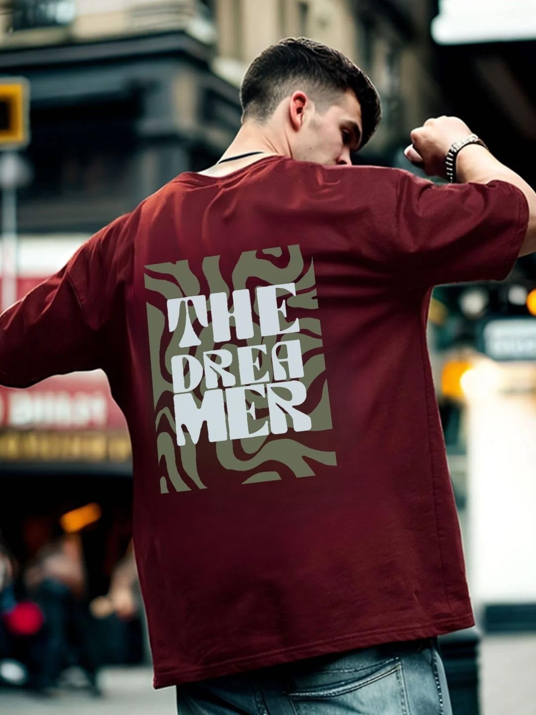 Nobero MenS Graphic Print Oversized Fit T-Shirt (1M-Twts-C0933-X_Wine Red/Sand/Rainforest