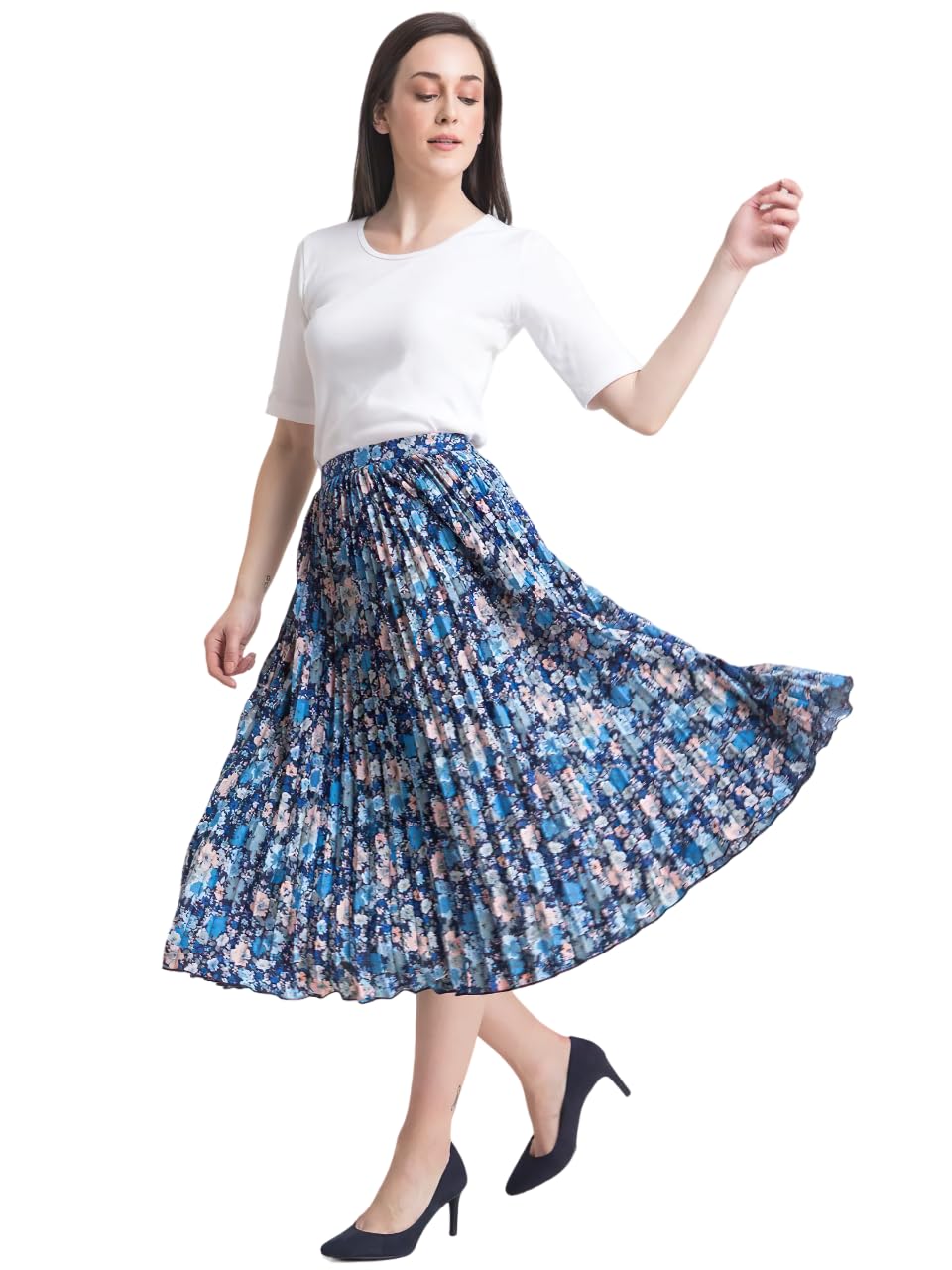 Kzully|Stylish WomenS Midi A-Line Skirt With Floral Print (Blue)