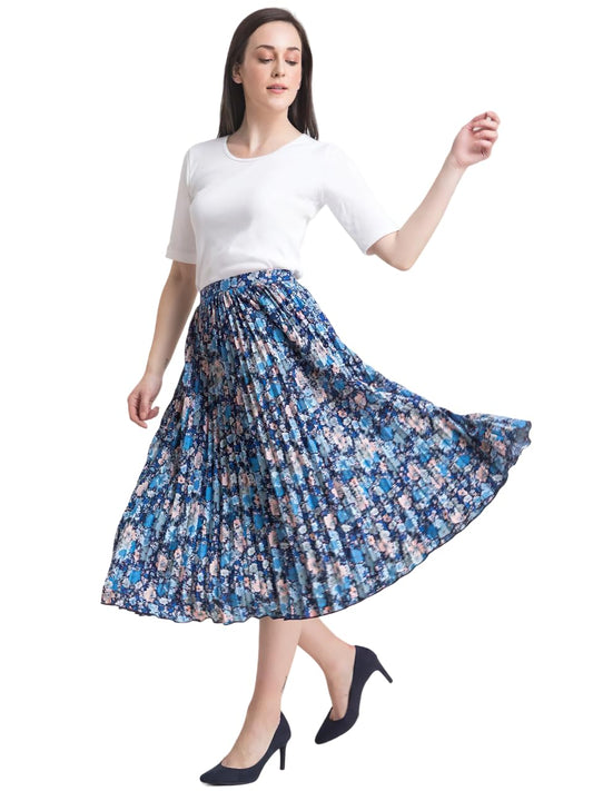 Kzully|Stylish WomenS Midi A-Line Skirt With Floral Print (Blue)
