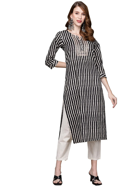ishin Women's Cotton Black Embellished Straight Kurta