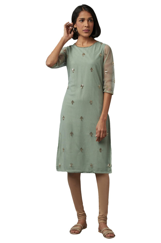 W for Women Green Sequin Maharani Net Kurta