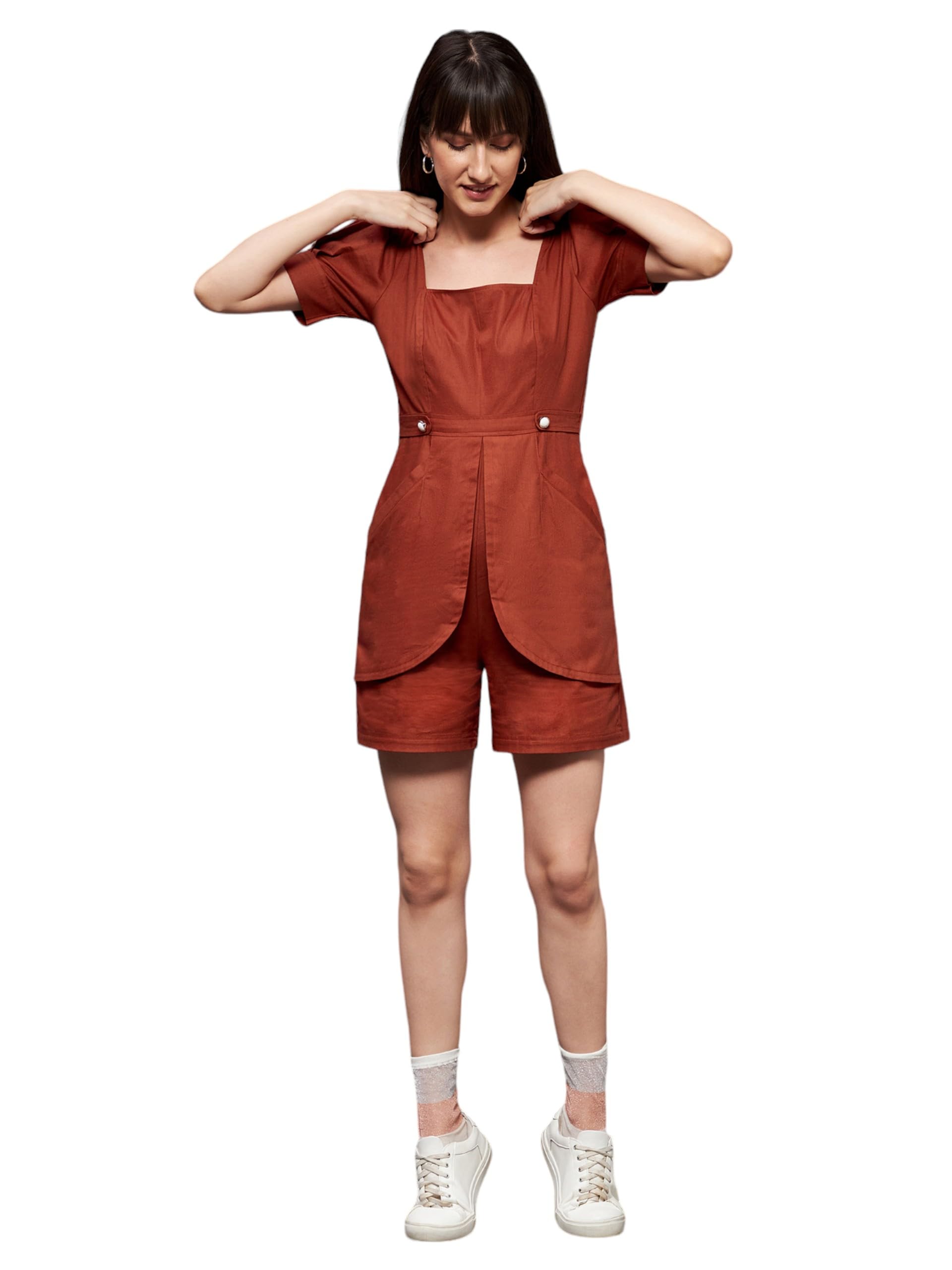 Miss Chase WomenS Square Neck Solid Flap Pockets Short Playsuit With Pockets (Plus Size) (Mcss24D97-49-606-06, Rust, Xl)