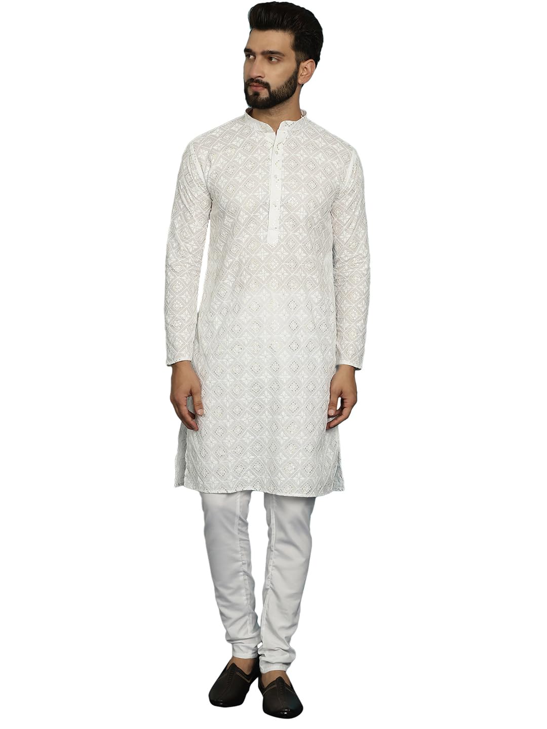 SOJANYA (Since 1958, Men's Cotton Embroidered With Gold Seqence & White Pyjama Set::Size-38
