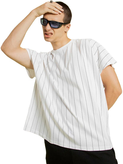 Bewakoof Mens Striped Super Loose Fit Sleeveless Round Neck Cotton Vest_569036_White_L