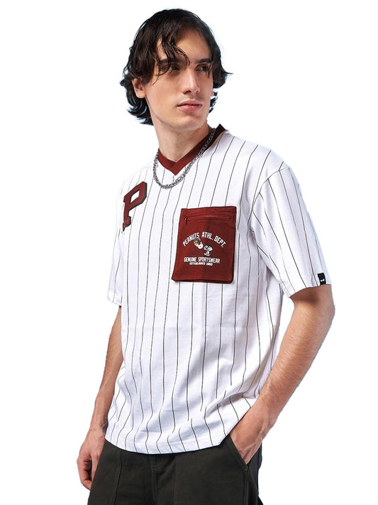 Bewakoof Official Peanuts Merchandise Mens Striped Oversized Fit Half Sleeve V-Neck Cotton T-Shirt_627876_White_L