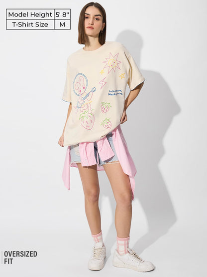 The Souled Store Embroidered T-Shirt: Sunshine Women and Girls Short Sleeve Round Neck Graphic Printed Cotton Oversized T-Shirts