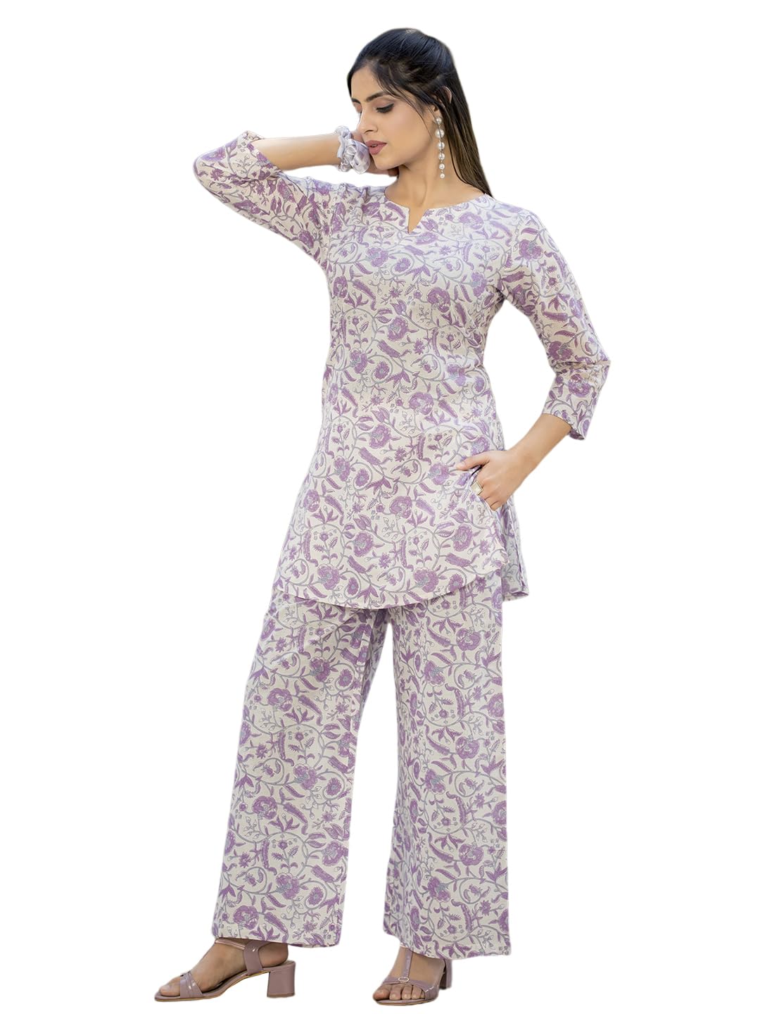 Pinkmint Pure Cotton Co Ord Set for Women l 3/4 Sleeve Printed Comfortable & Stylish Trendy Top & Bottom Matching Set White