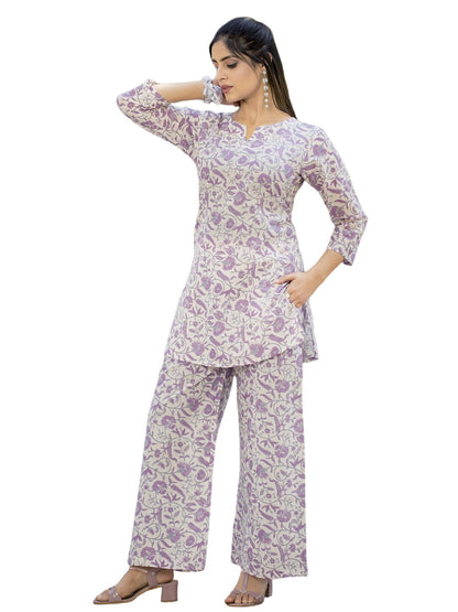 Pinkmint Pure Cotton Co Ord Set for Women l 3/4 Sleeve Printed Comfortable & Stylish Trendy Top & Bottom Matching Set White