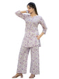 Pinkmint Pure Cotton Co Ord Set for Women l 3/4 Sleeve Printed Comfortable & Stylish Trendy Top & Bottom Matching Set White