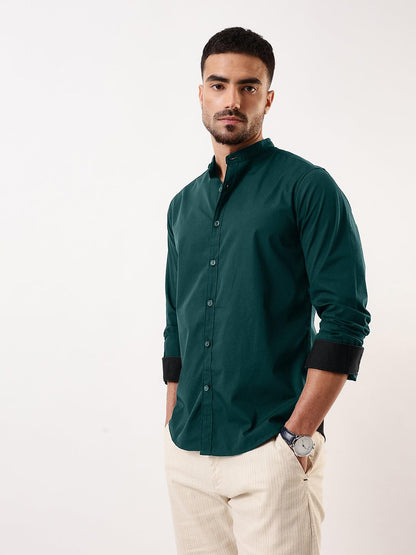 Dennis Lingo Men Bottle Green Solid Chinese Collar Full Sleeves Regular Fit Cotton Casual Shirt