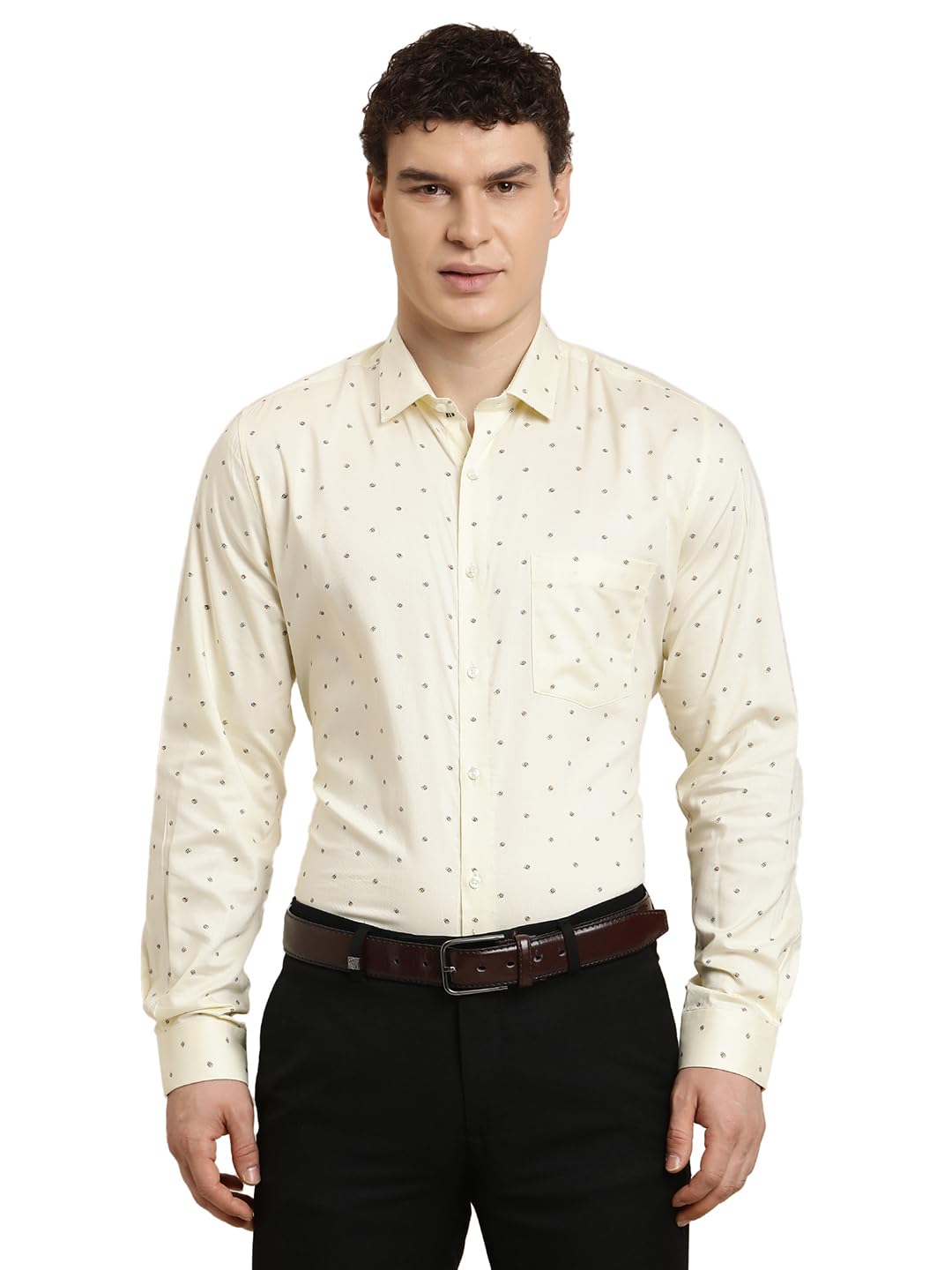 Turtle Men Slim Fit Printed Cotton Tencel Beige Formal Shirt