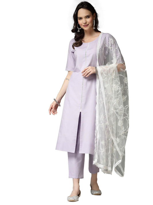 Stylum Women's Solid Cotton Blend Straight Kurta Pant Dupatta Set (KPDXLAVENDERNUV_Lavender)