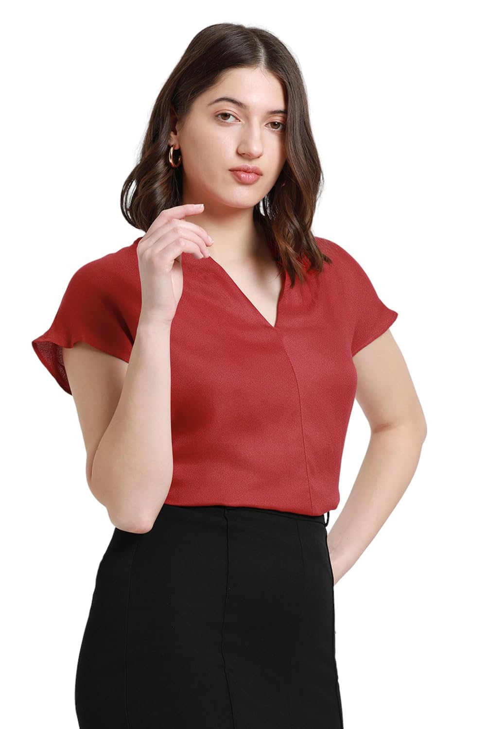 Dennis Lingo Dl Woman Solid Regular Fit V-Neck Short Sleeves Top Red