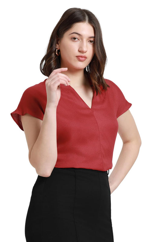 Dennis Lingo Dl Woman Solid Regular Fit V-Neck Short Sleeves Top Red