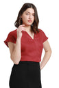 Dennis Lingo Dl Woman Solid Regular Fit V-Neck Short Sleeves Top Red