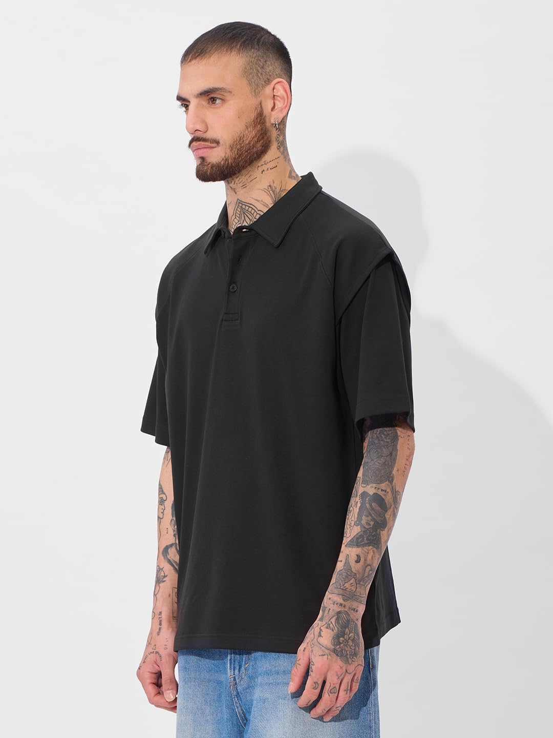 The Souled Store Korean Polo: Black Men and Boys Short Sleeves Collared Neck Cotton Blend Oversized Polos