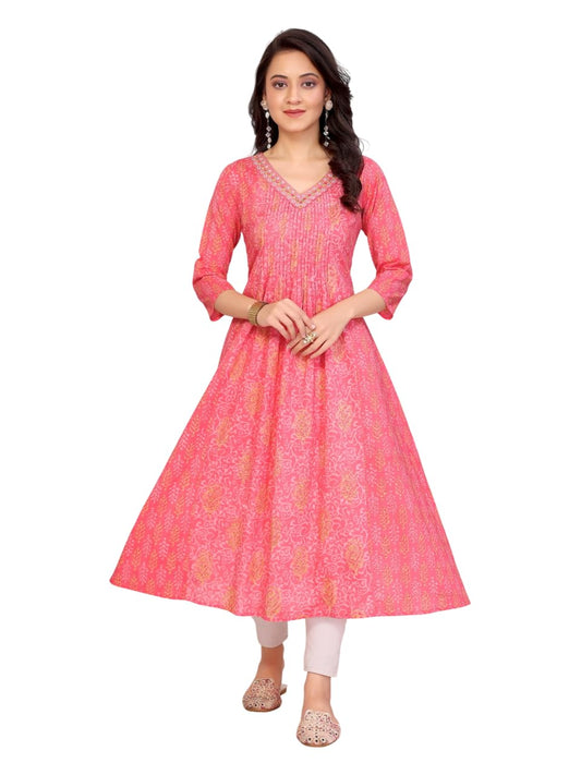rangita Cotton Calf Length Embroidered Anarkali Kurti | Kurta for Women