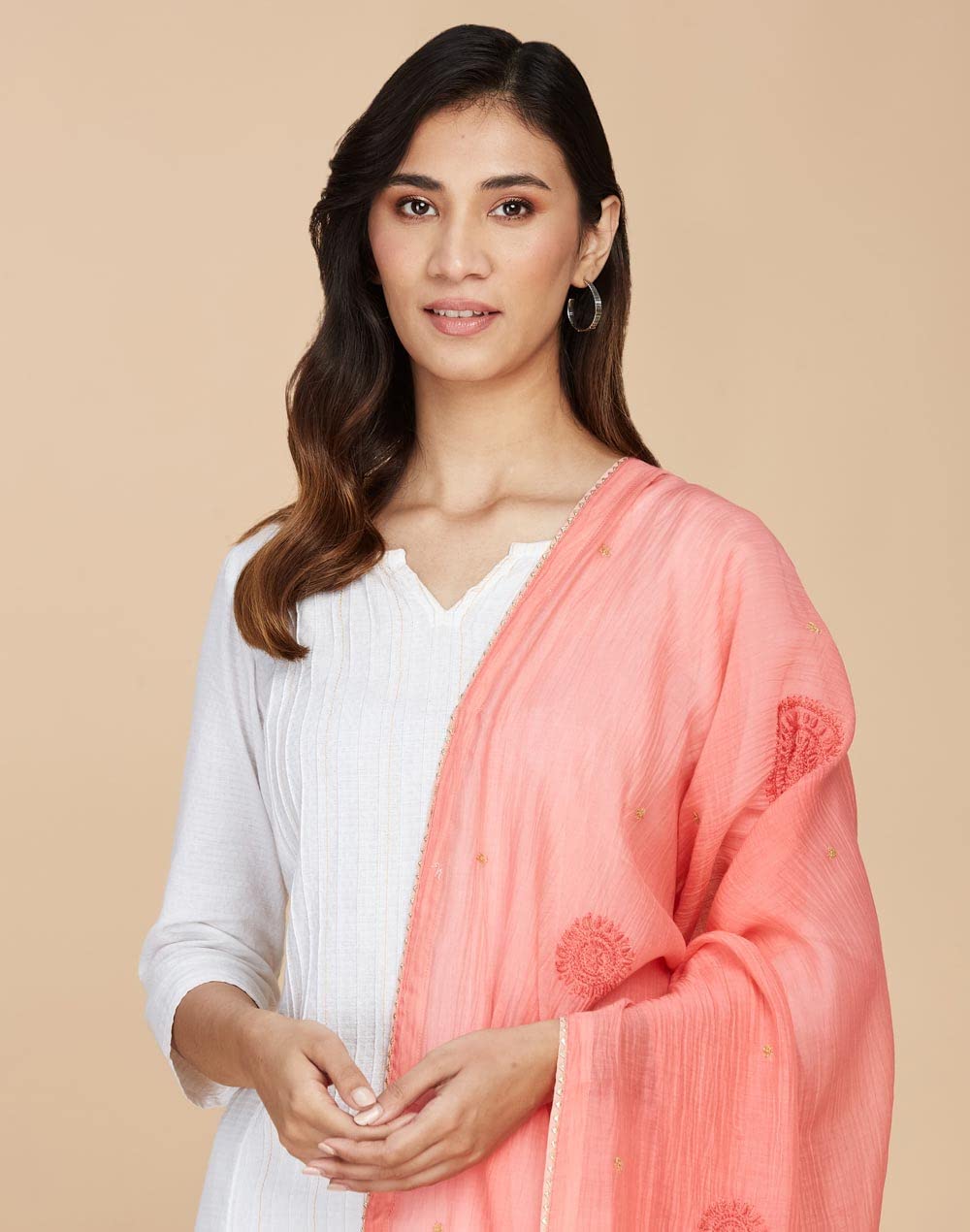 Fabindia Pink Cotton Silk Chikankari Embroidered Dupatta | Free Size | 1 Dupatta | 2.5m x 92cm
