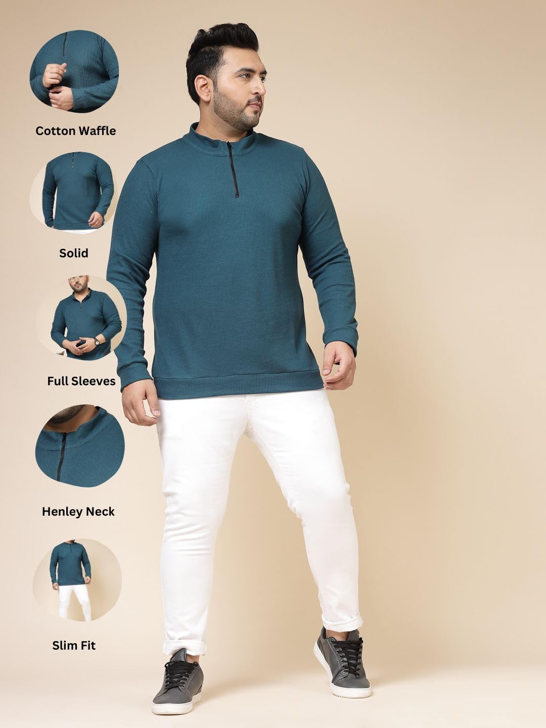 Rigo Waffle Knit Solid Plus Size T-Shirt for Men | Full Sleeves T-Shirt | Solid T-Shirts for Man | Stylish, Casual Wear Plus Siz