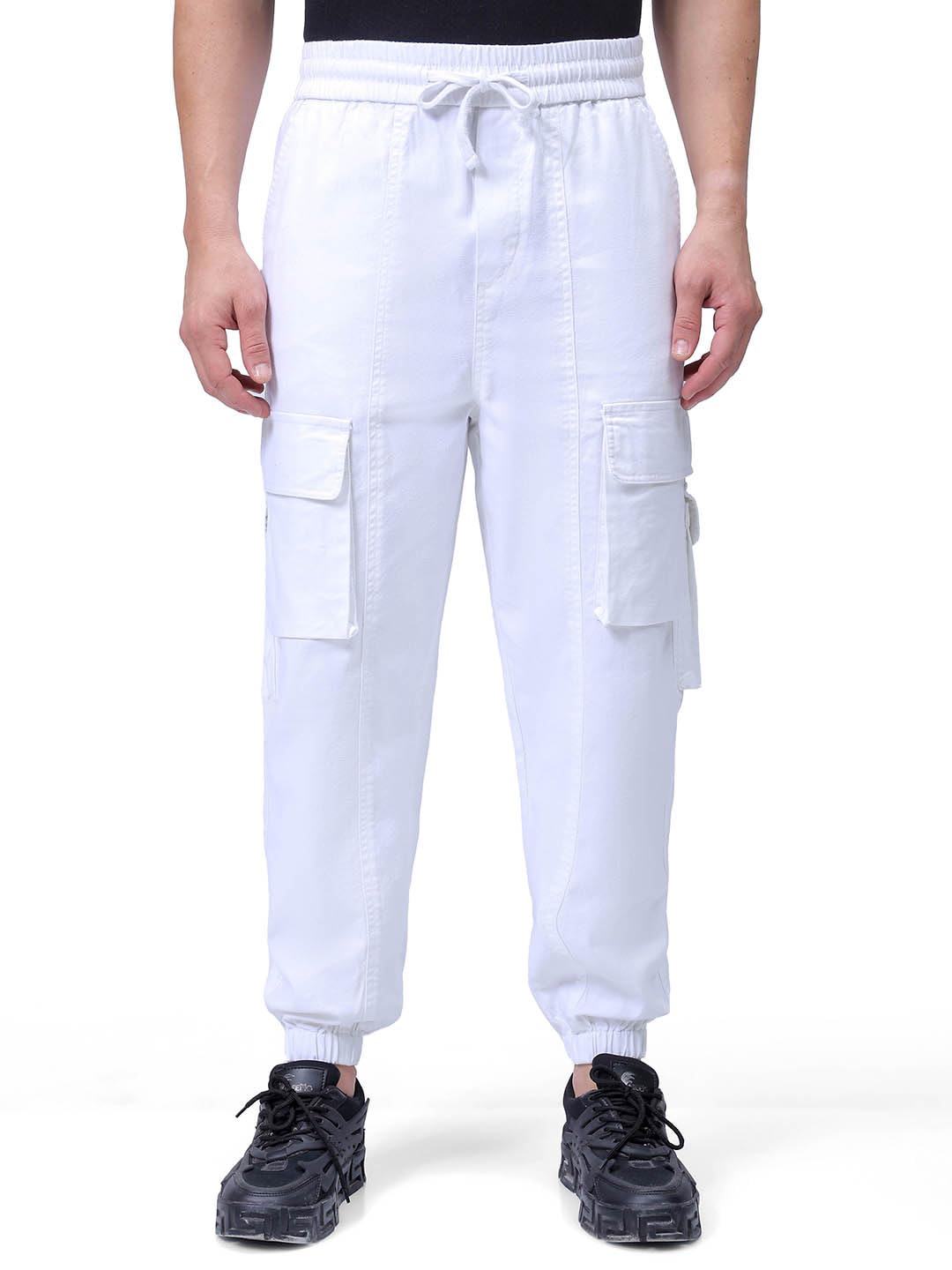 The Indian Garage Co Men Loose Baggy Solid Mid-Rise Cargo Joggers White