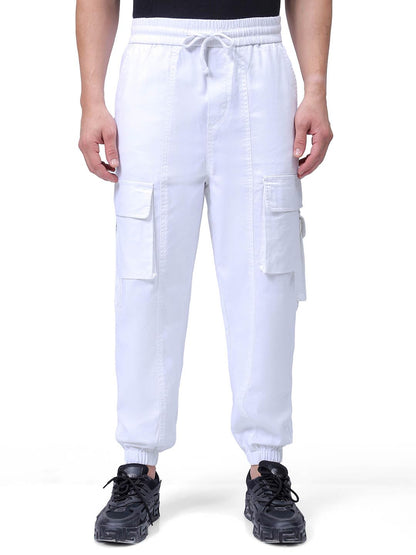 The Indian Garage Co Men Loose Baggy Solid Mid-Rise Cargo Joggers White