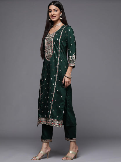 Varanga Green Embroidered Kurta Paired With Tonal Bottom And Dupatta