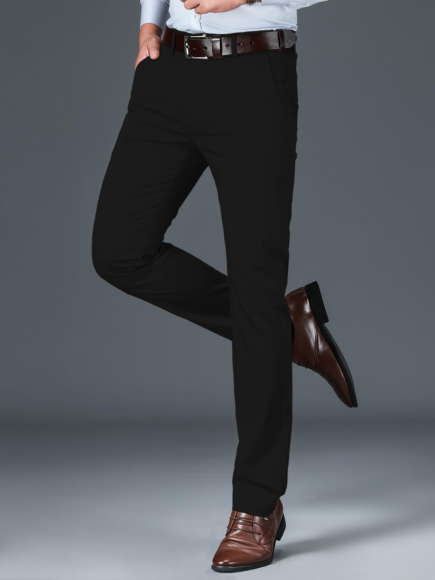 AVANOVA Mens Black Solid Trousers Light Business Style Slightly Stretch Straight Leg Pants for Outdoor Casual Daily (Trouser 12