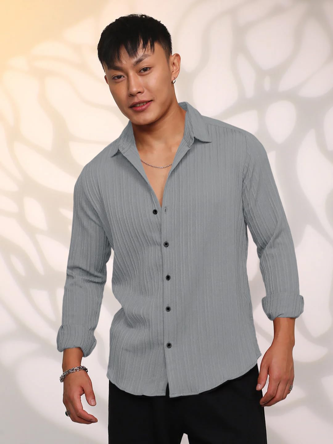 Finivo Fashion MenS Casual Cotton Striped Button Down Shirts Long Sleeve Textured Summer Beach Shirt For Men Grey