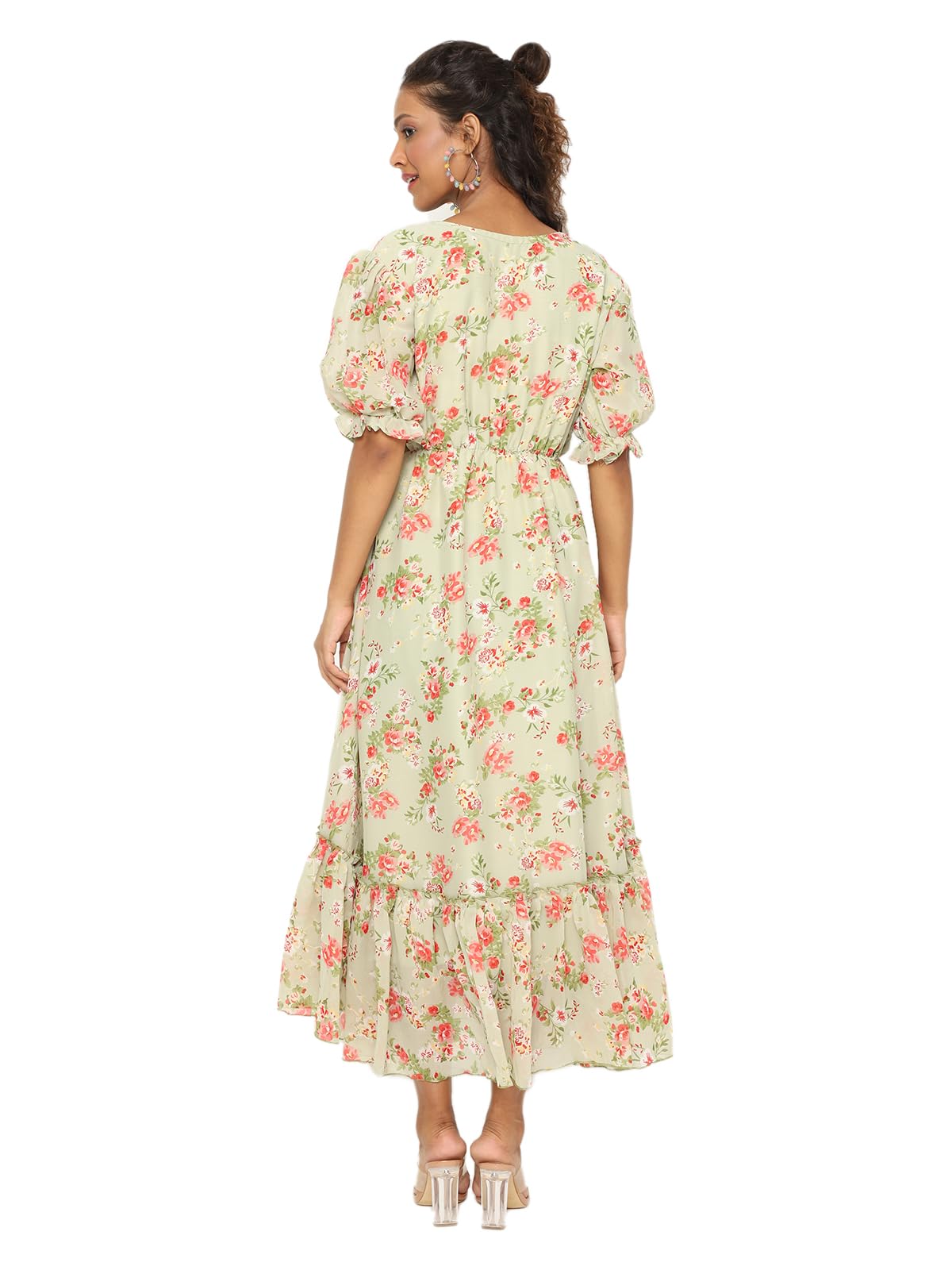 Avanova Georgette Pista Green Round Neck Maxi Western Dresses For Women